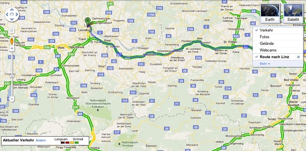 Verkehrsdaten in Google Maps am Desktop für  Österreich und Wien