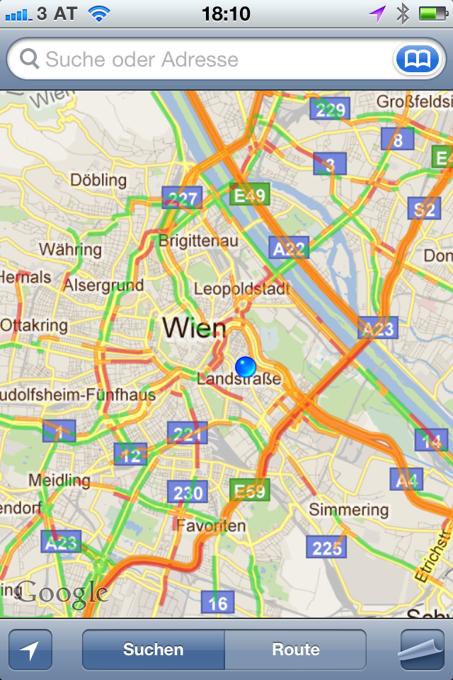 Google Verkehrsdaten am iPhone in Wien mit Stau