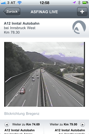 Blick auf die A12 - Inntal Autobahn von der Asfinag App