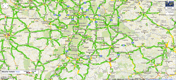 Samstag Urlauber Schichtwechsel Stau Karte aus Google Maps vor dem Beginn der Herbstferien 2011 in Deutschland
