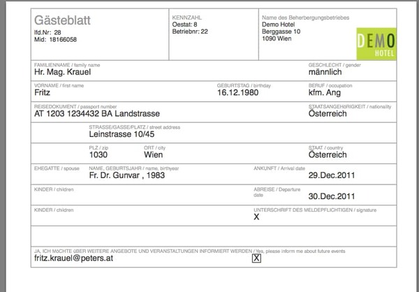 PDF zum Ausdrucken und für die Unterschrift des Gastes beim igumbi elektronischen online Gästeblatt / Gästemeldeschein