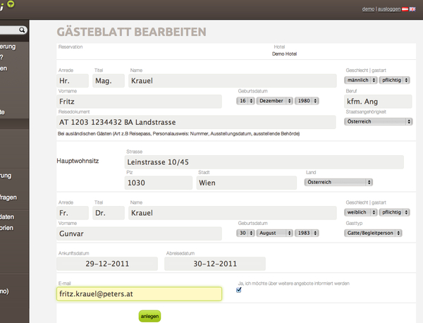 Einfaches und einseitiges Webformular zur Erfassung der Daten für das elektronische Gästeblatt  