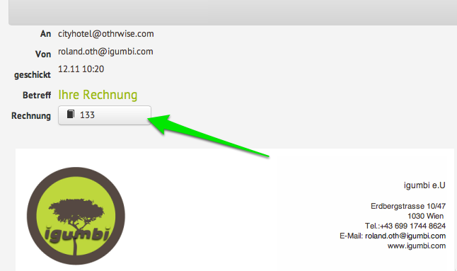 Rechnungsanhang der verschickten E-Mail in der igumbi online Hotelsoftware App