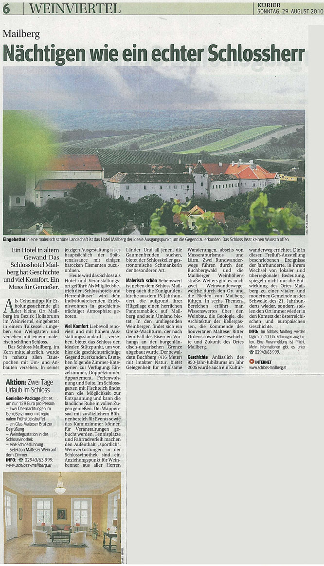 Schloss Mailberg im Reiseteil Kurier vom 29.10.2010